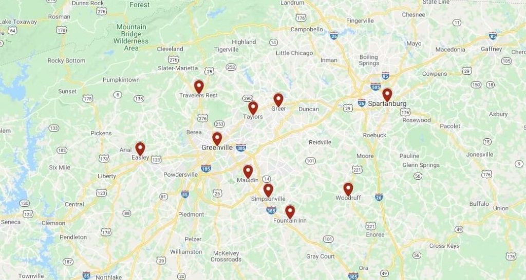 Pressure Washing Simpsonville SC service area map footer